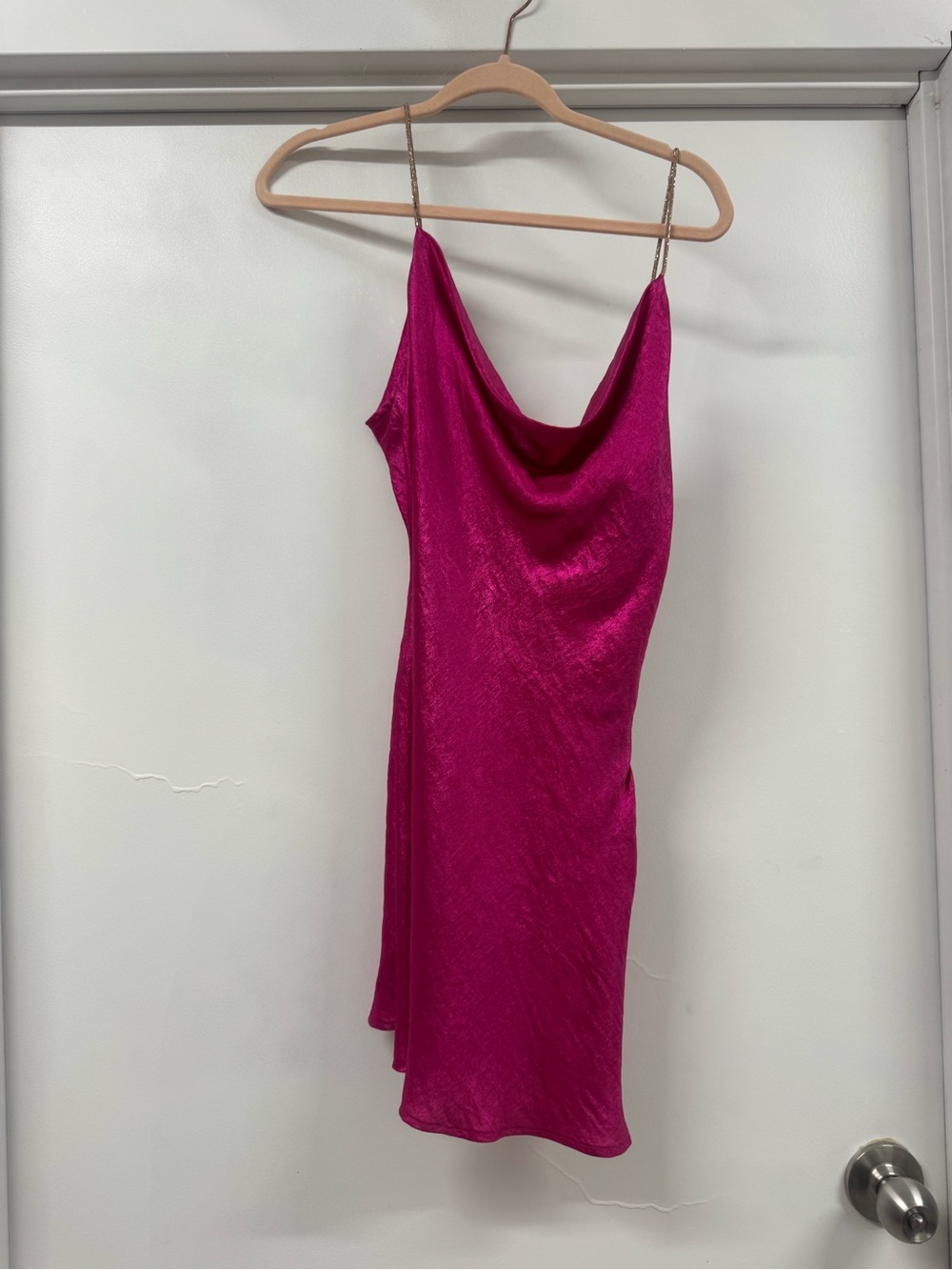 Fuchsia Satin Cowl Slip Dress with Chain Straps